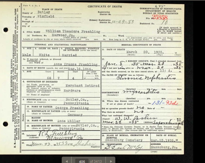 William Theodore Freehling death certificate